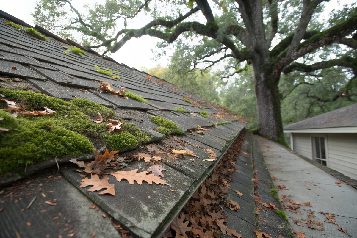 An older shingle roof with moss, dark streaks and oak leaves piled in the gutter under a big tree