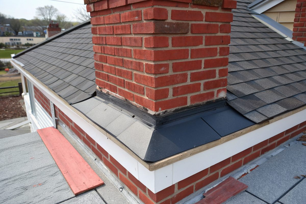 New metal flashing where a dark gray shingle roof meets a red brick chimney