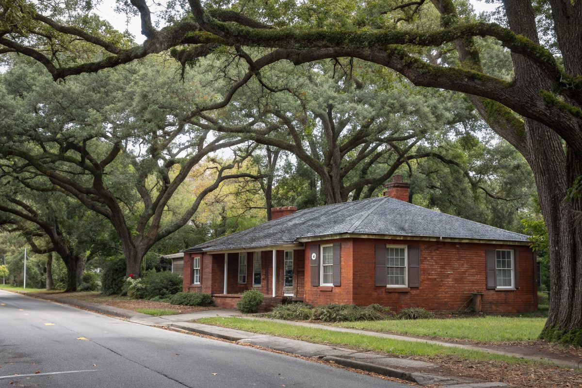 An older one-story red brick ranch house with a gray shingle roof under huge spreading oaks