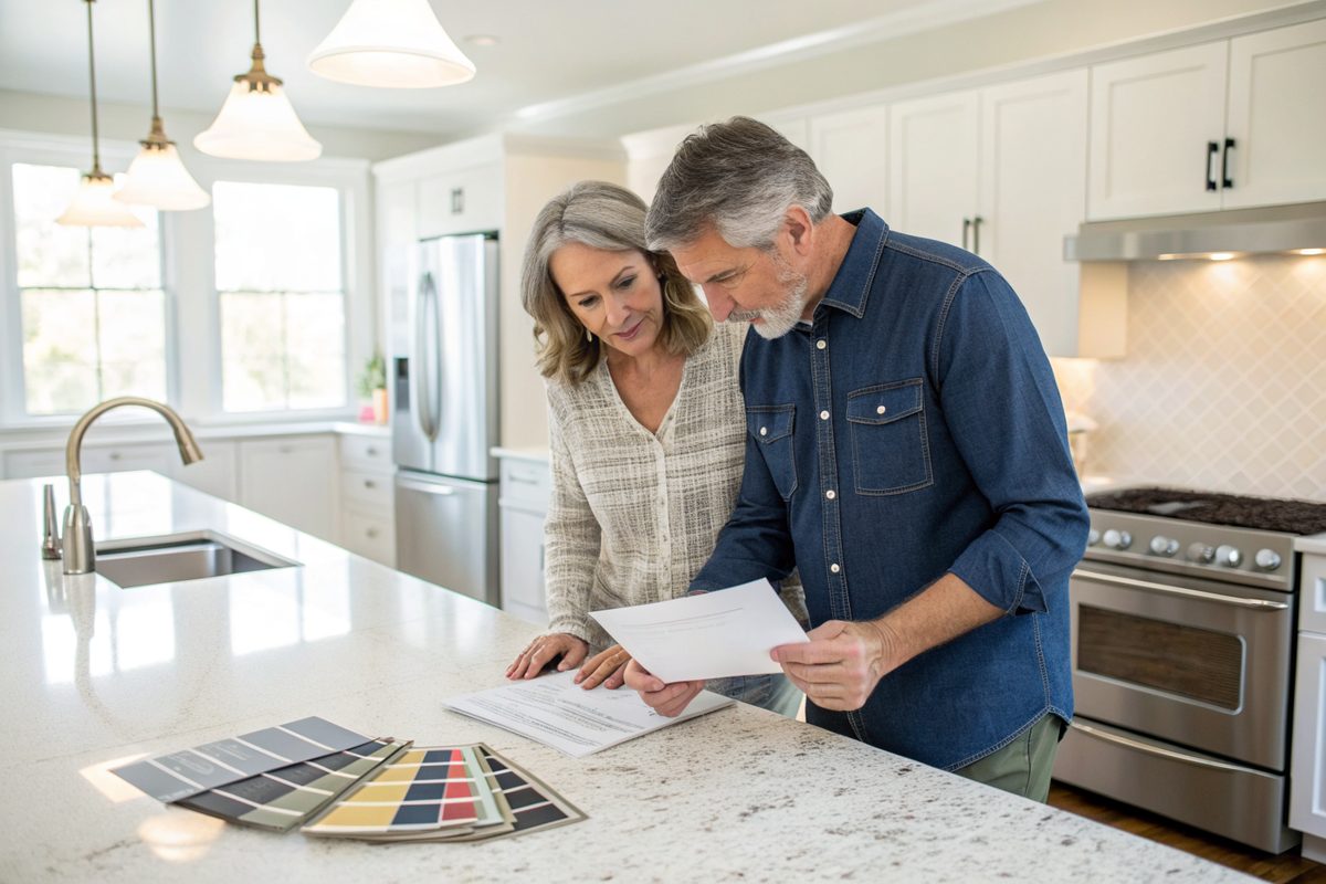 A couple at a kitchen island reading a printed estimate beside a fan of shingle color samples