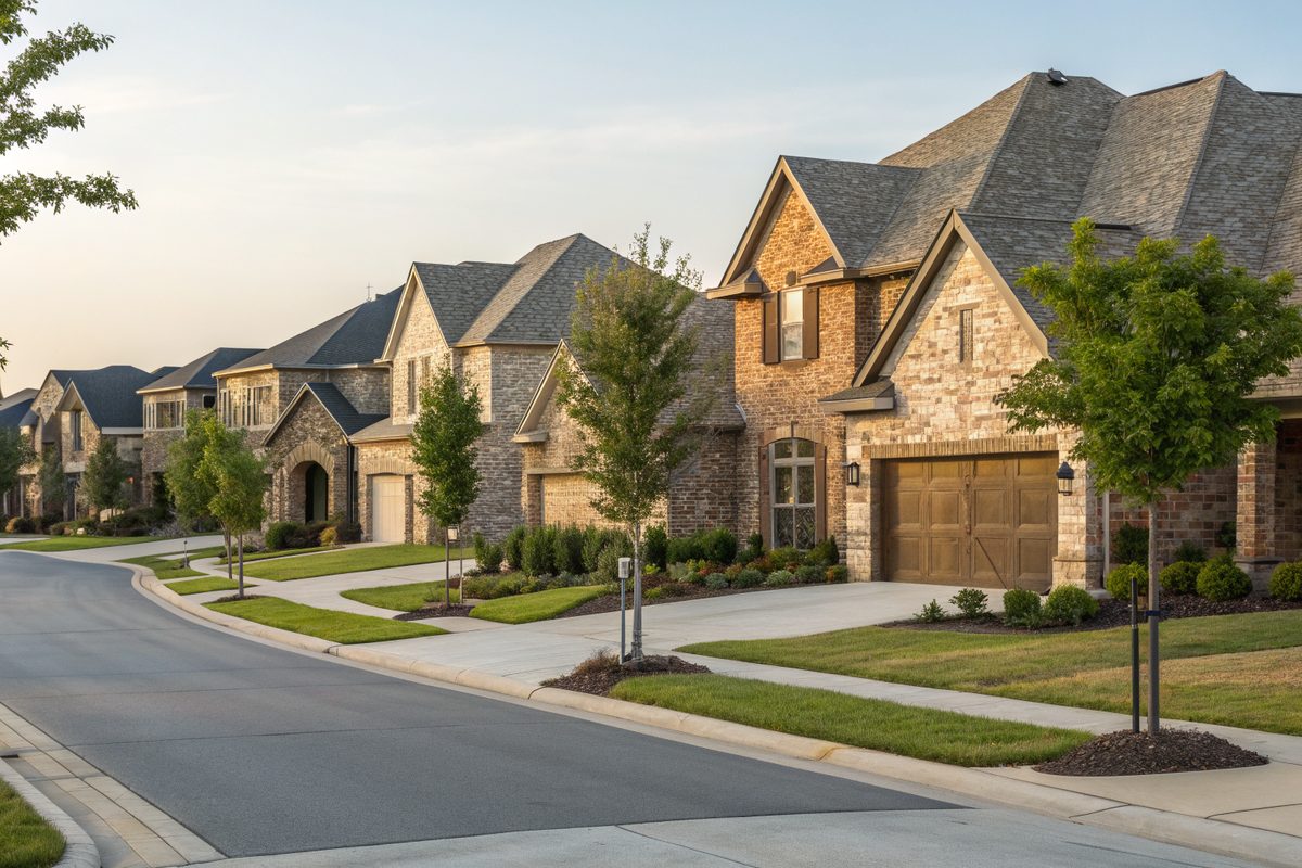 A newer street of two-story stone and brick homes with matching brown shingle roofs