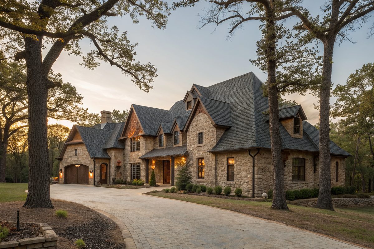 A large stone custom home with a steep, many-gabled dark roof on a wooded lot at dusk