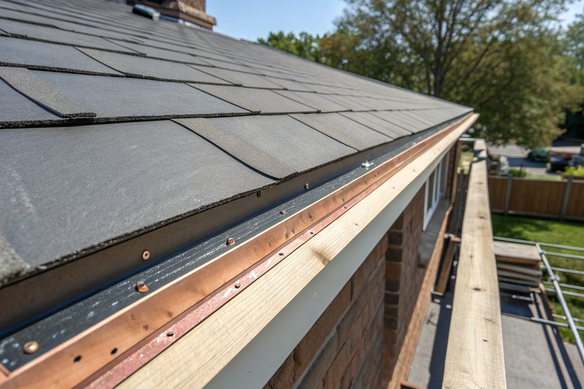 A roof eave with new metal drip edge along the edge and new charcoal shingles above