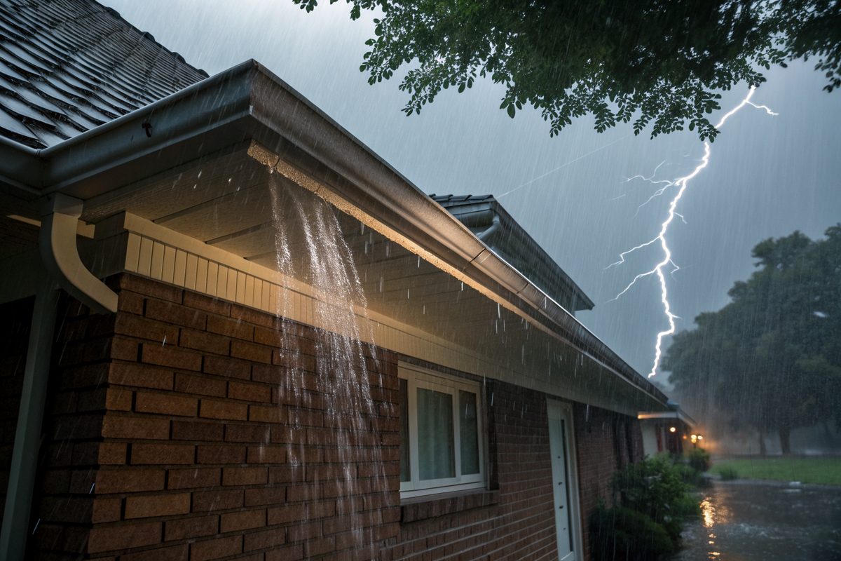 Rain pouring over a gutter on a brick house as lightning strikes in the distance