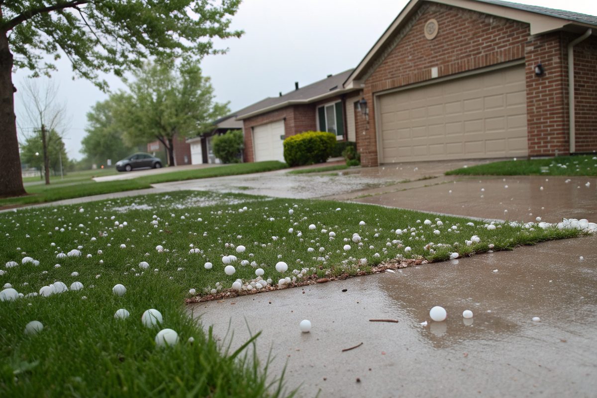 Hailstones scattered across a wet lawn and driveway in front of a brick house