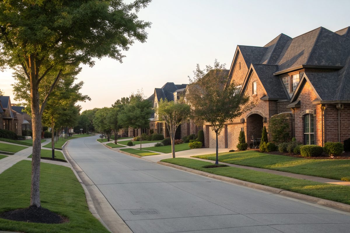 A quiet street of large brick two-story homes with dark shingle roofs and young trees