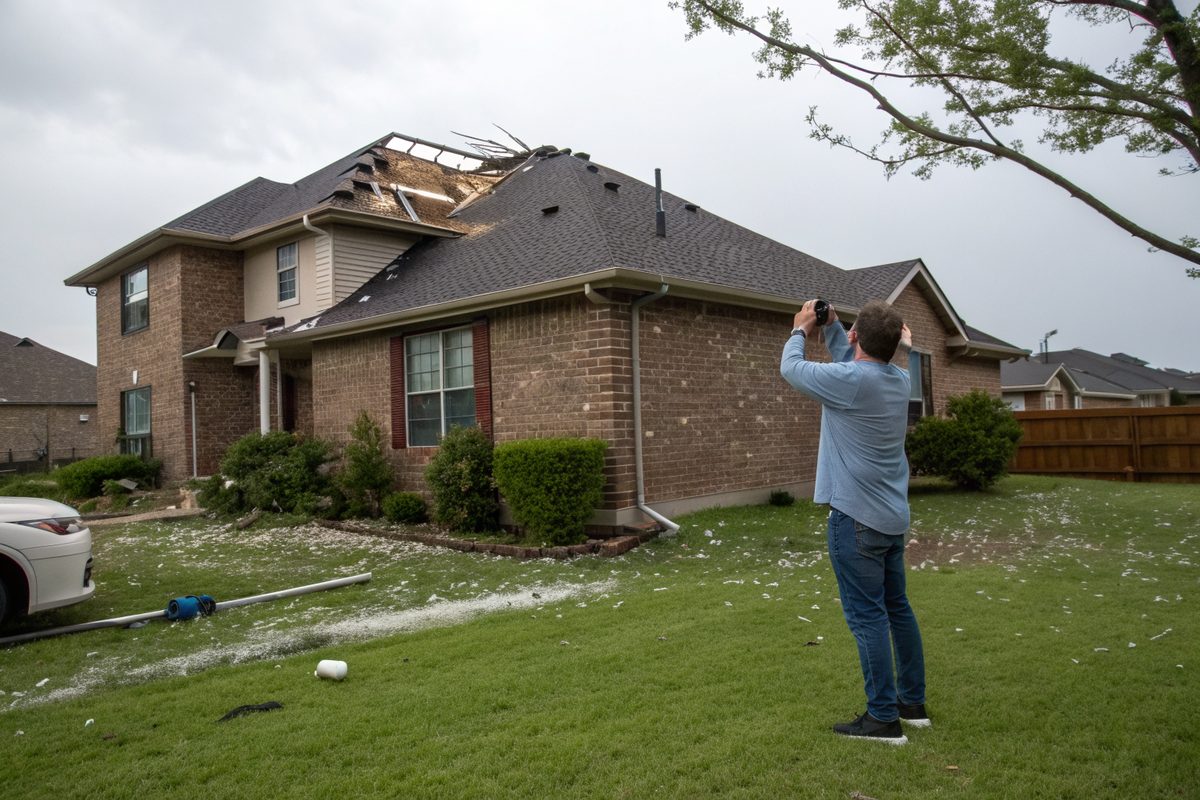 A homeowner photographing storm damage on the roof of his brick house, with hail on the lawn