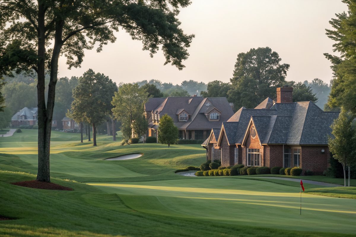 Brick homes with steep shingle roofs facing a green golf fairway lined with trees