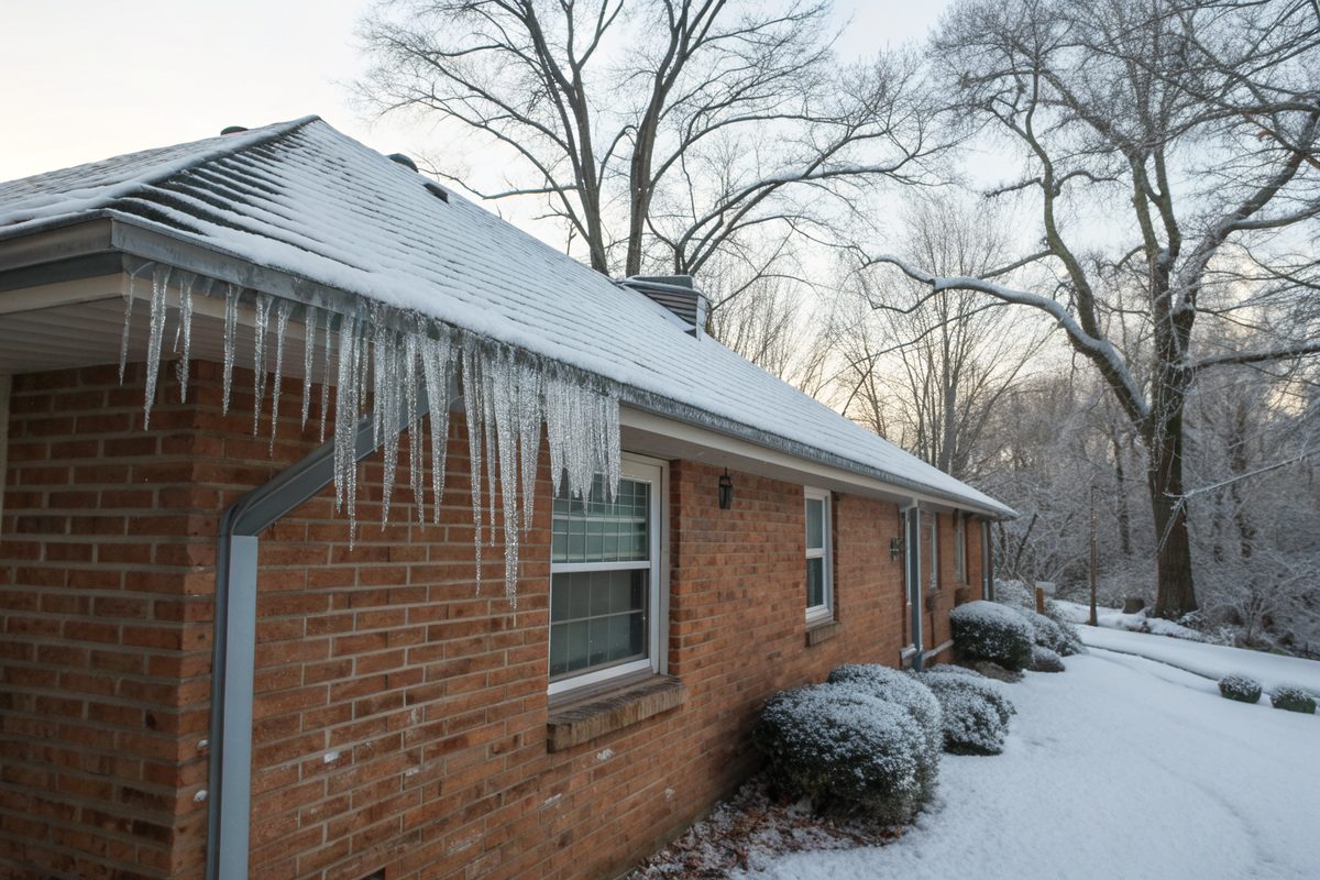 Icicles hanging from the iced-over roof edge of a brick house after a winter storm