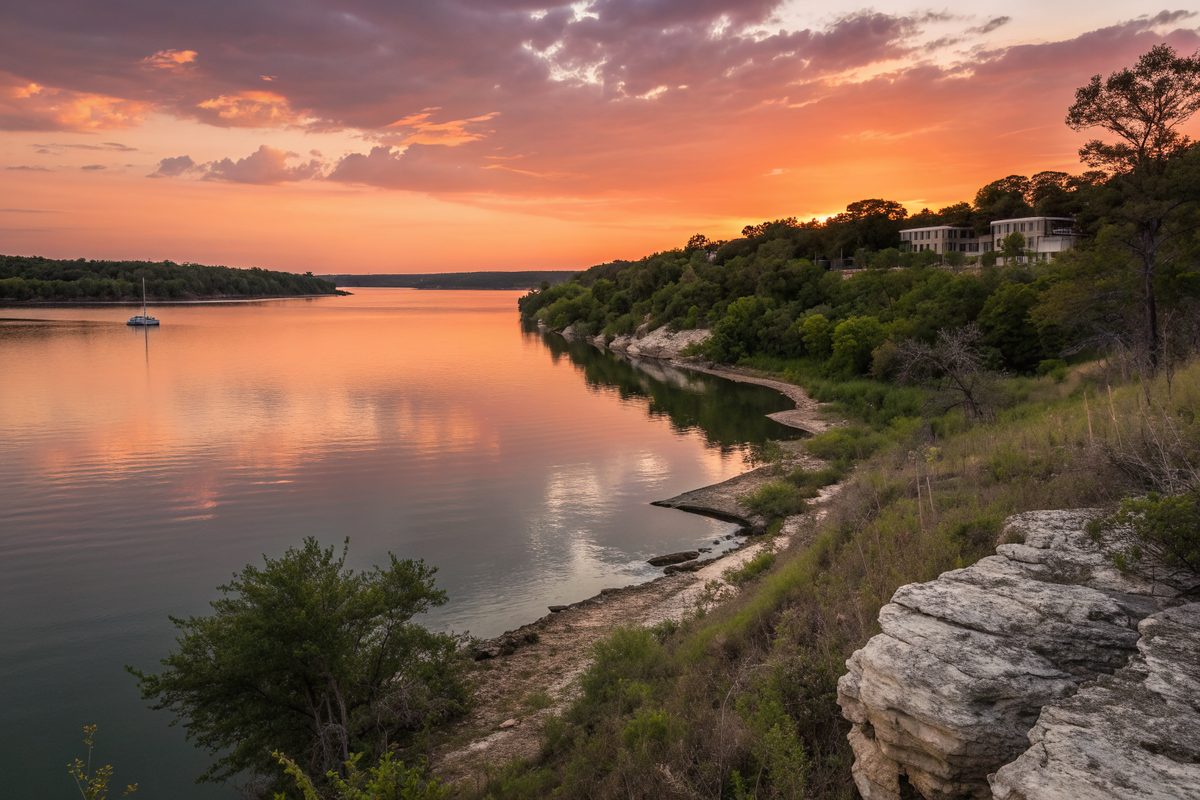 A wide lake at sunset with a rocky point and a wooded shoreline