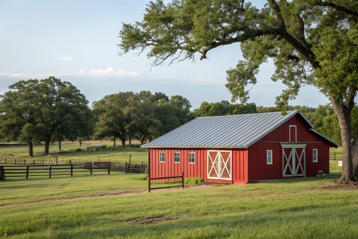 A red barn-style workshop with a silver metal roof on a pasture with big oaks and a wood fence