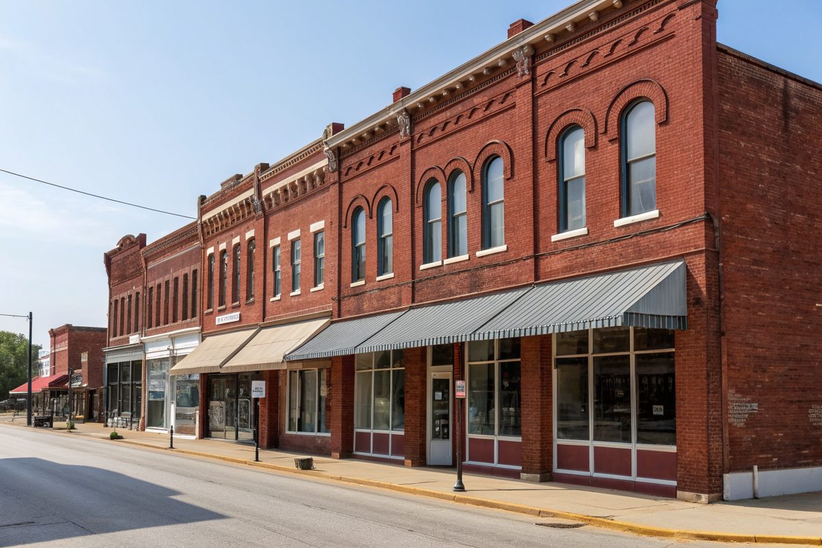 A row of restored two-story red brick storefronts with arched windows on a small-town street