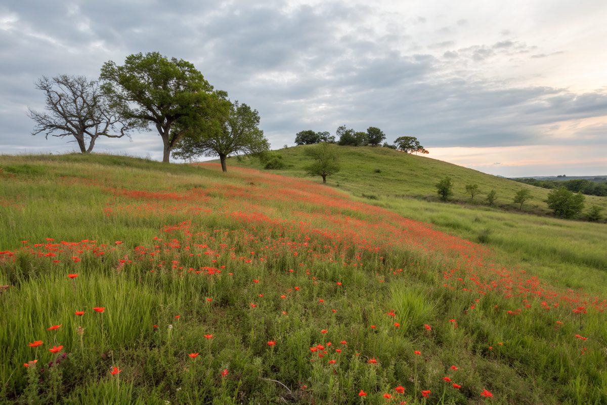 A rounded native prairie hill covered in red Indian paintbrush wildflowers under a cloudy sky