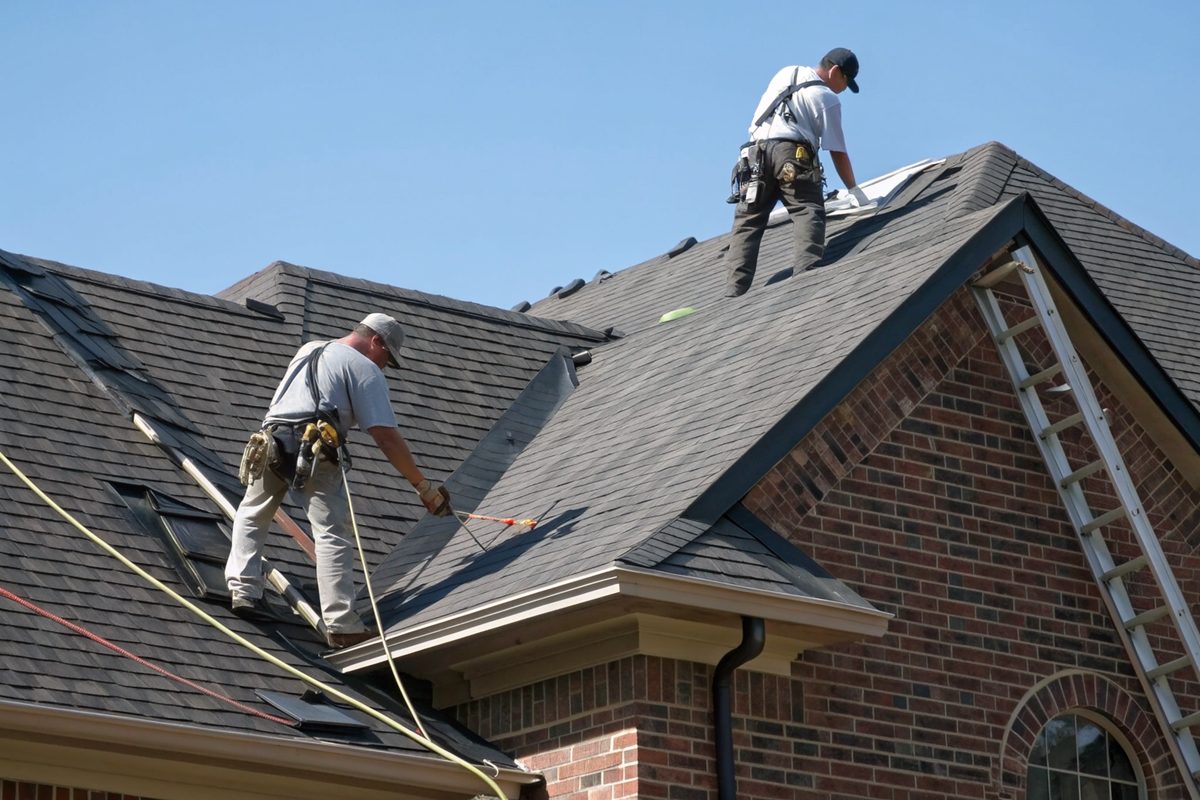 Roofers in harnesses laying new charcoal shingles on the steep roof of a brick home