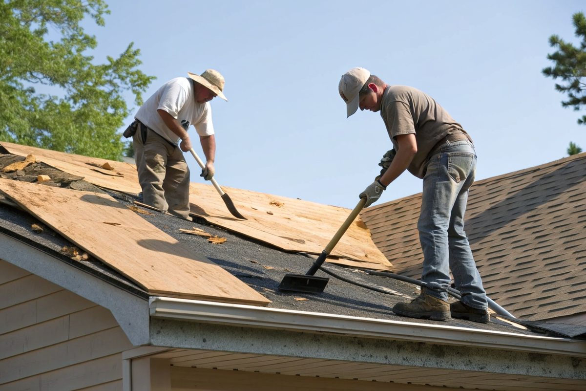 Two roofers stripping old shingles off a roof down to the wood decking