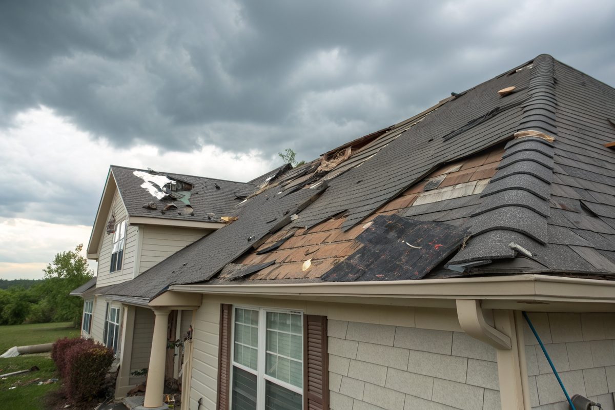 Torn and missing shingles along the ridge of a house roof after a windstorm